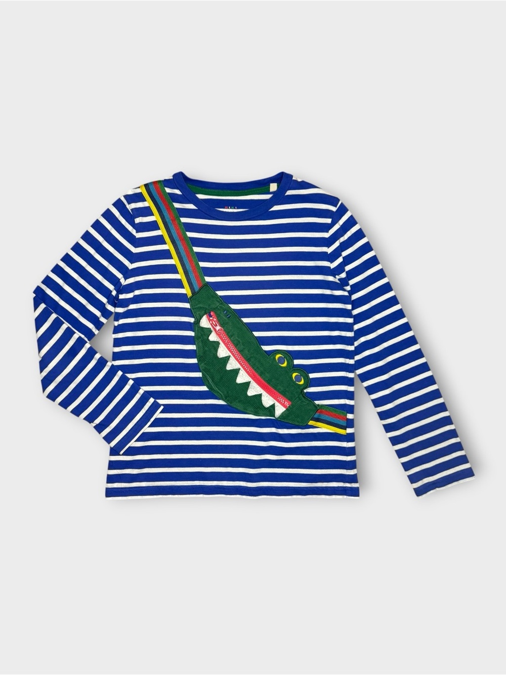Mini Boden Crocodile Bag Applique Blue & White Striped Long Sleeve Shirt